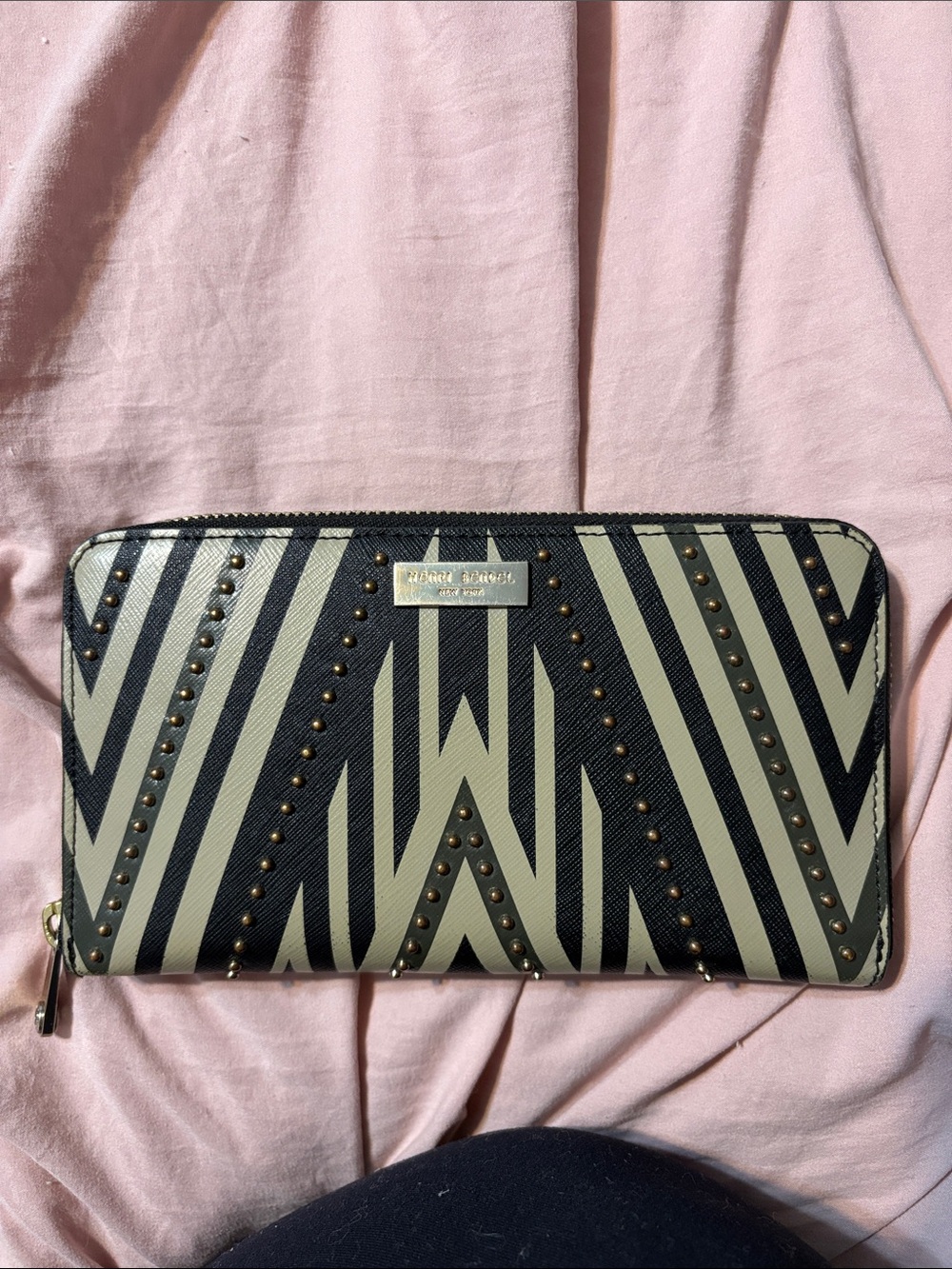 henri bendel Black and Cream Studded Zip Around Wallet